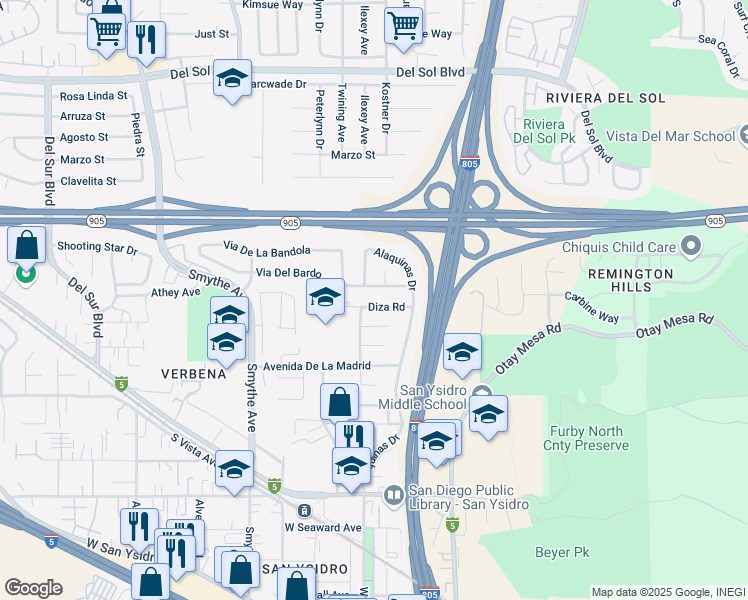 map of restaurants, bars, coffee shops, grocery stores, and more near 150 Diza Road in San Diego