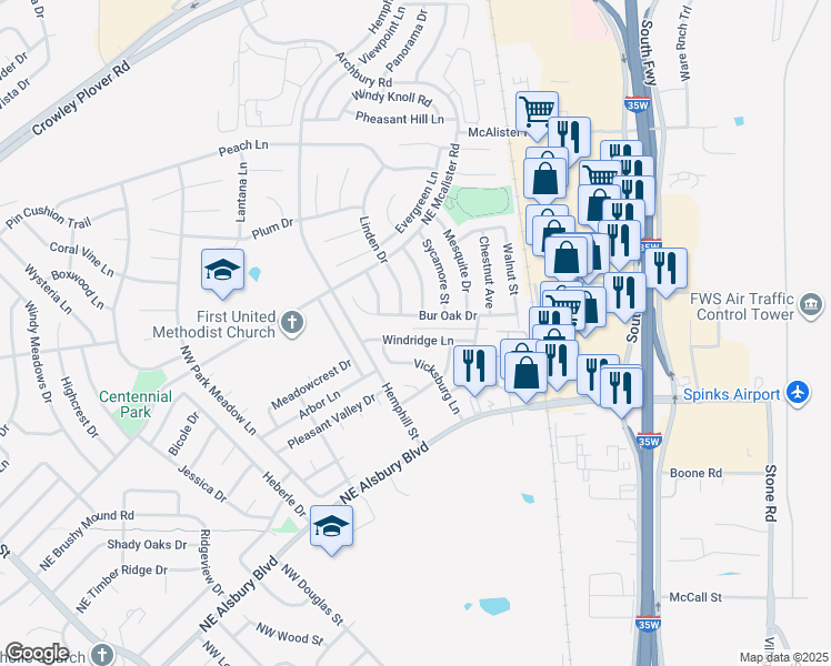 map of restaurants, bars, coffee shops, grocery stores, and more near 733 Windridge Lane in Burleson