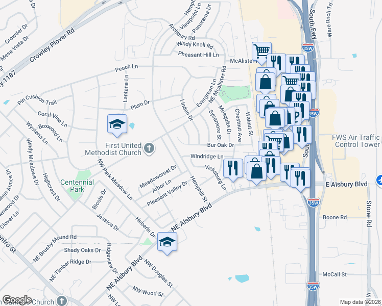 map of restaurants, bars, coffee shops, grocery stores, and more near 709 Windridge Lane in Burleson