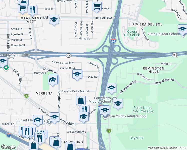 map of restaurants, bars, coffee shops, grocery stores, and more near 129 Diza Road in San Diego
