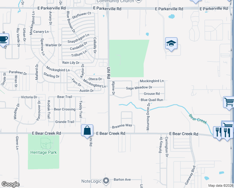 map of restaurants, bars, coffee shops, grocery stores, and more near 807 Creekside Drive in Glenn Heights