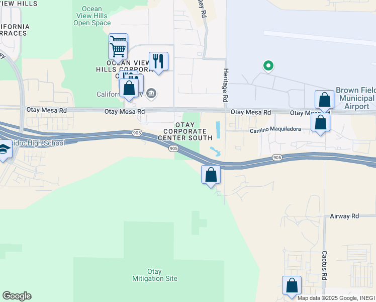 map of restaurants, bars, coffee shops, grocery stores, and more near Highway 905 in San Diego