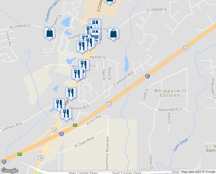 map of restaurants, bars, coffee shops, grocery stores, and more near 2016 Rosie Street in Auburn