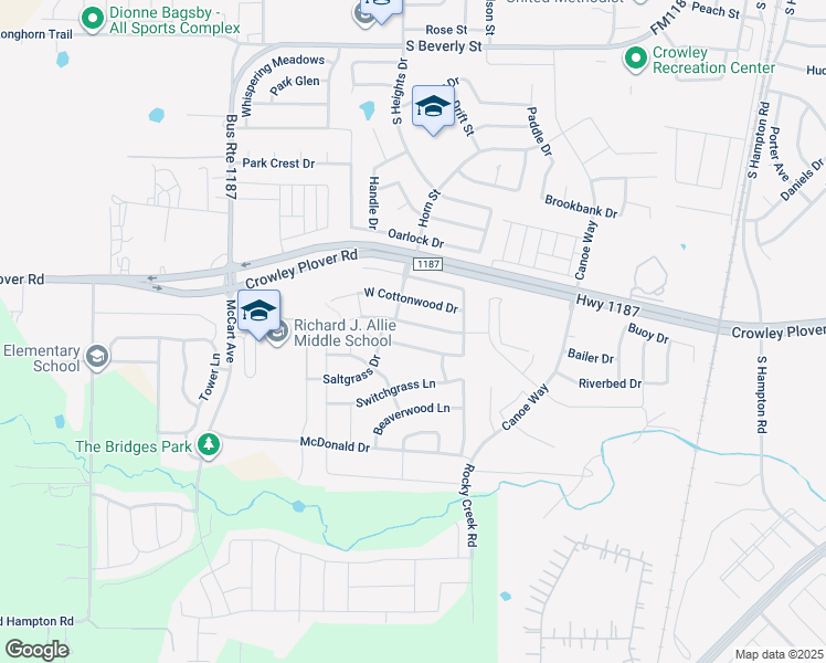 map of restaurants, bars, coffee shops, grocery stores, and more near 1145 Boxwood Drive in Crowley