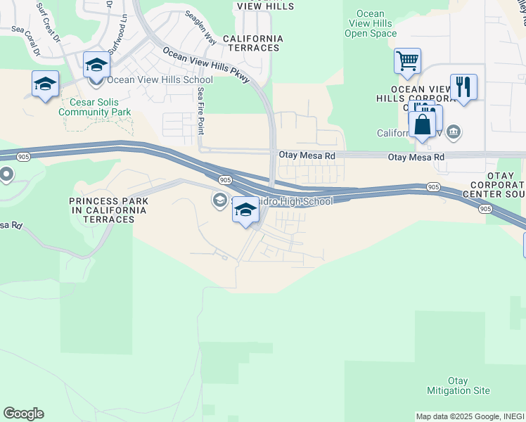map of restaurants, bars, coffee shops, grocery stores, and more near Caliente Avenue in San Diego