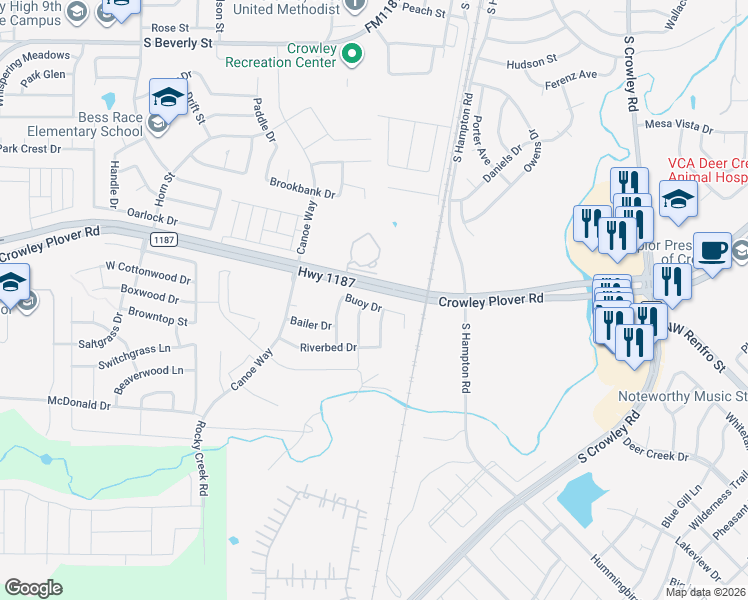 map of restaurants, bars, coffee shops, grocery stores, and more near 1100 Tacks Lane in Crowley