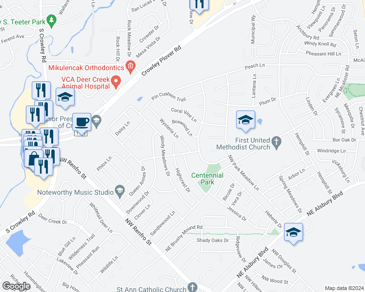map of restaurants, bars, coffee shops, grocery stores, and more near 1249 Wysteria Lane in Burleson