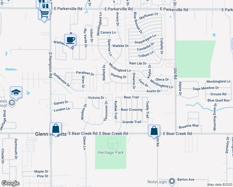 map of restaurants, bars, coffee shops, grocery stores, and more near 1512 Killdee Court in DeSoto