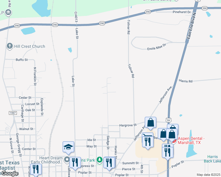 map of restaurants, bars, coffee shops, grocery stores, and more near 2312 Sledge Street in Marshall
