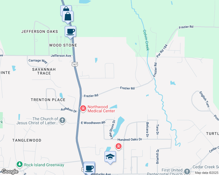 map of restaurants, bars, coffee shops, grocery stores, and more near 207 Frazier Road in Ruston
