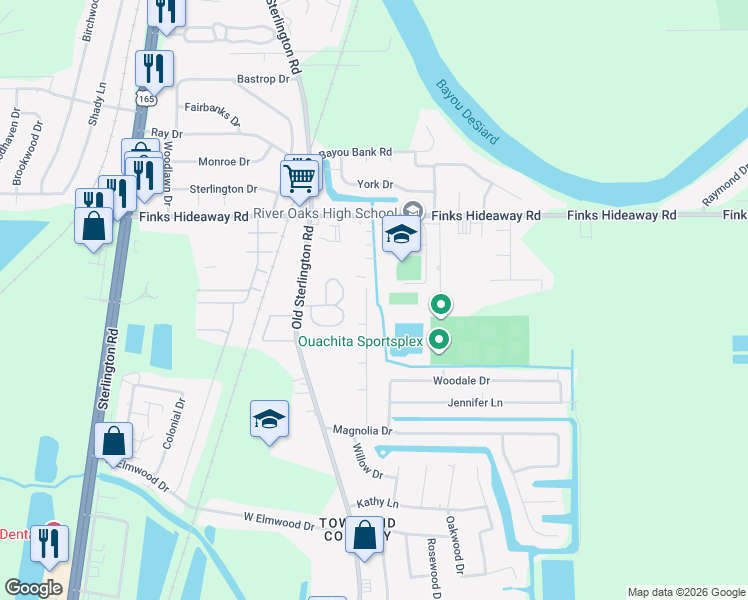 map of restaurants, bars, coffee shops, grocery stores, and more near 135 Oak Circle in Monroe