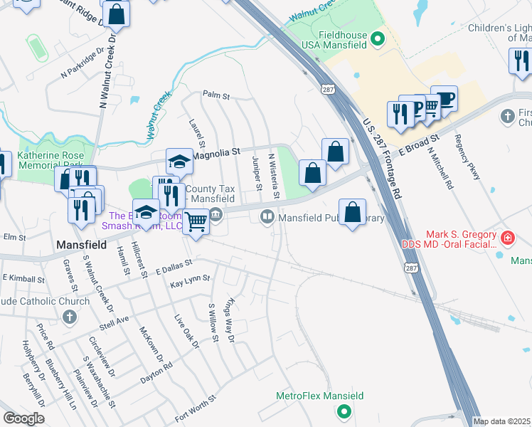 map of restaurants, bars, coffee shops, grocery stores, and more near 300 S Wisteria St in Mansfield