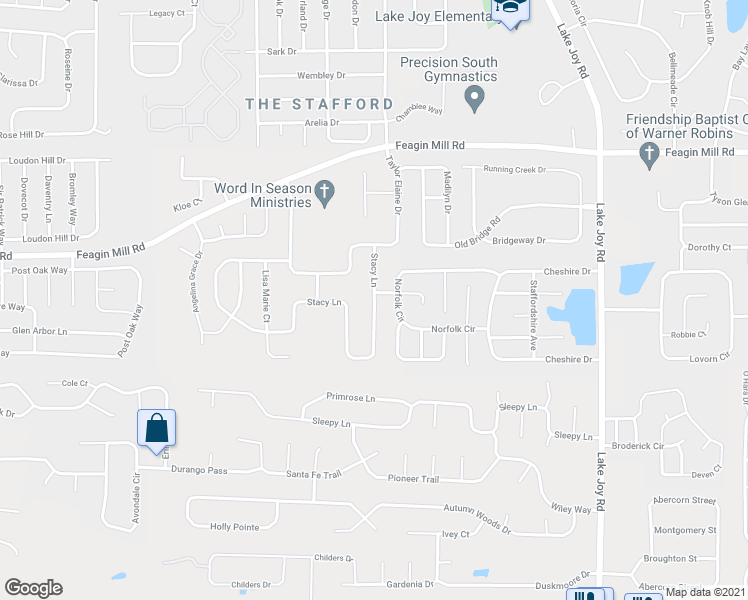 map of restaurants, bars, coffee shops, grocery stores, and more near 223 Stacy Lane in Warner Robins