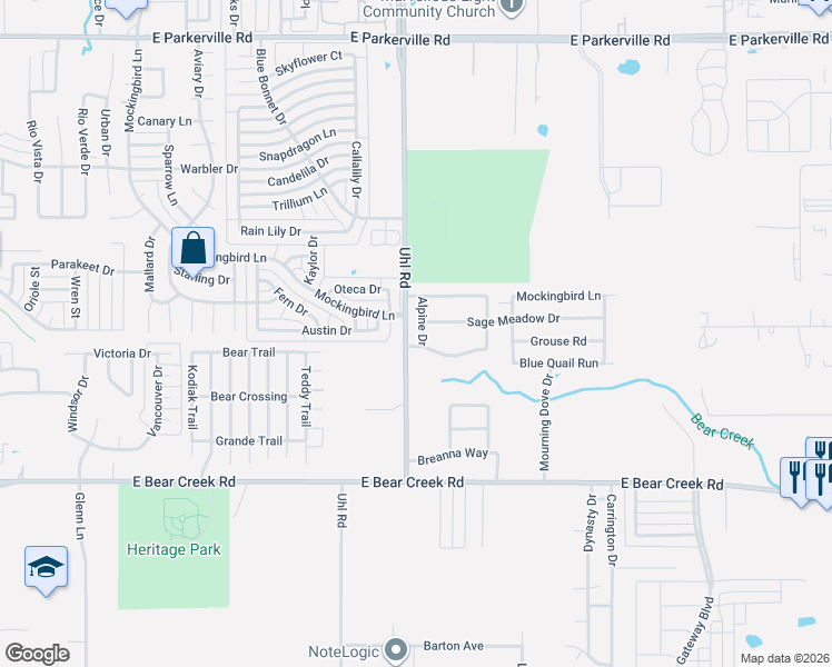 map of restaurants, bars, coffee shops, grocery stores, and more near 1411 Alpine Drive in Red Oak