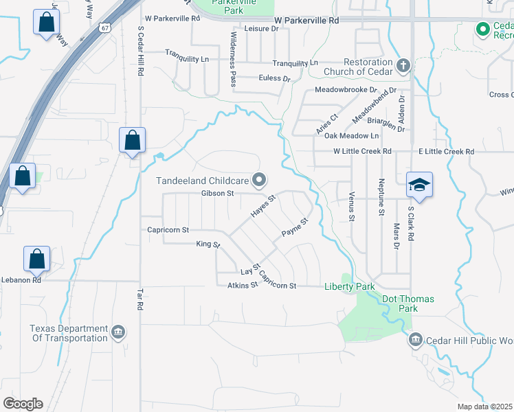 map of restaurants, bars, coffee shops, grocery stores, and more near 1315 Hayes Street in Cedar Hill