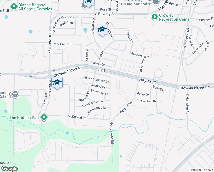 map of restaurants, bars, coffee shops, grocery stores, and more near 1108 Boxwood Drive in Crowley