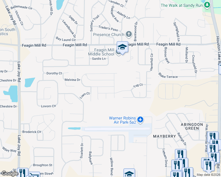 map of restaurants, bars, coffee shops, grocery stores, and more near 315 South Charity Lane in Warner Robins