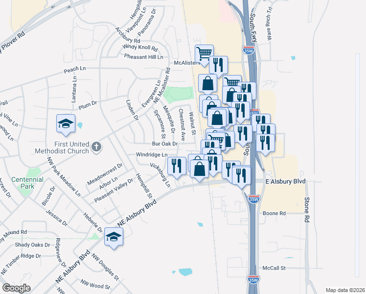 map of restaurants, bars, coffee shops, grocery stores, and more near 801 Walnut Street in Burleson