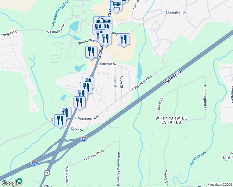 map of restaurants, bars, coffee shops, grocery stores, and more near 2030 Sara Street in Auburn