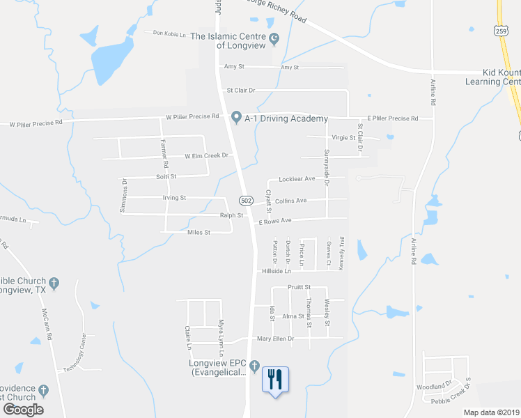 map of restaurants, bars, coffee shops, grocery stores, and more near 104 Collins Avenue in Longview