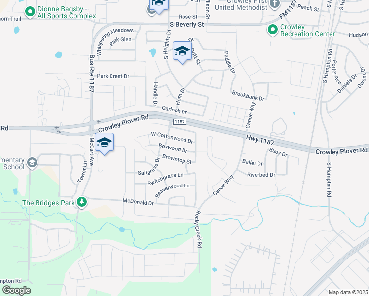 map of restaurants, bars, coffee shops, grocery stores, and more near 1120 Boxwood Drive in Crowley