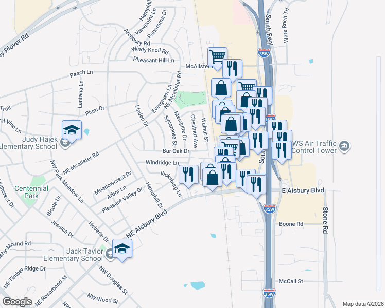 map of restaurants, bars, coffee shops, grocery stores, and more near 800 Bur Oak Drive in Burleson