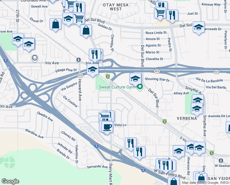 map of restaurants, bars, coffee shops, grocery stores, and more near 1663 Dairy Mart Road in San Diego