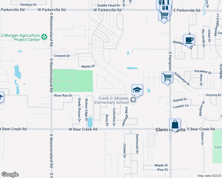 map of restaurants, bars, coffee shops, grocery stores, and more near 411 Harvard Drive in Glenn Heights