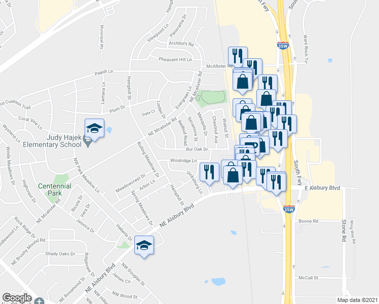 map of restaurants, bars, coffee shops, grocery stores, and more near 744 Bur Oak Drive in Burleson