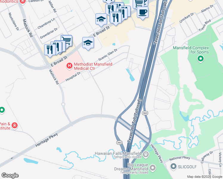 map of restaurants, bars, coffee shops, grocery stores, and more near 240 Miller Road in Mansfield