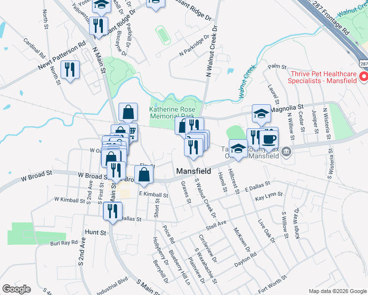 map of restaurants, bars, coffee shops, grocery stores, and more near 209 North Walnut Creek Drive in Mansfield