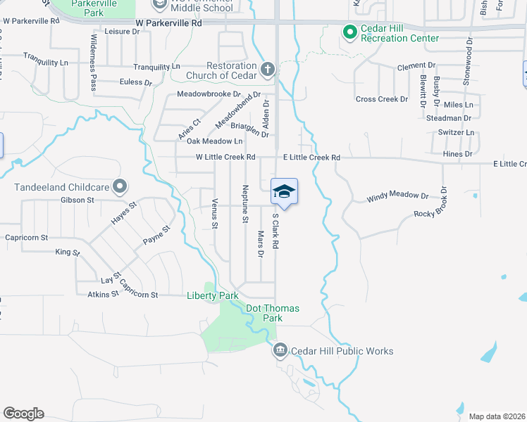map of restaurants, bars, coffee shops, grocery stores, and more near 1207 Mars Drive in Cedar Hill