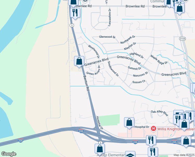 map of restaurants, bars, coffee shops, grocery stores, and more near 3636 Green Acres Drive in Bossier City