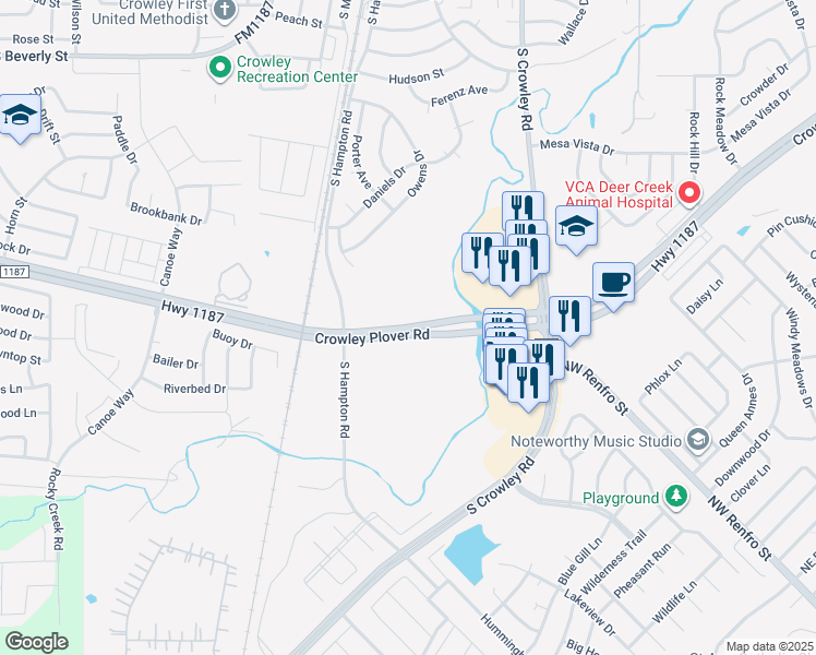 map of restaurants, bars, coffee shops, grocery stores, and more near 1100 South Crowley Road in Crowley