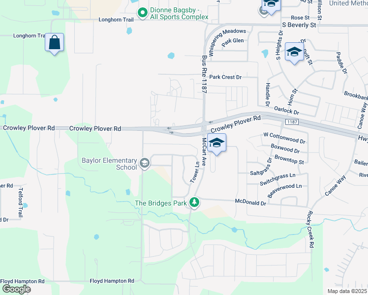 map of restaurants, bars, coffee shops, grocery stores, and more near 4129 Tower Lane in Crowley