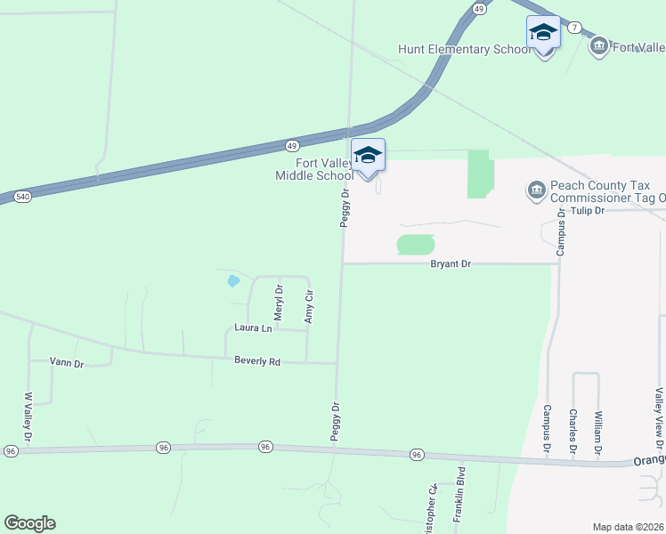 map of restaurants, bars, coffee shops, grocery stores, and more near 458 Peggy Drive in Fort Valley