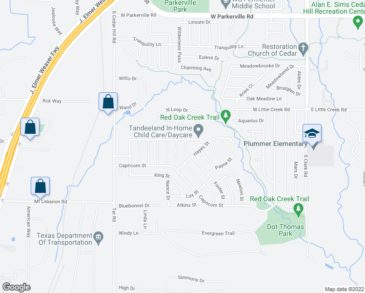 map of restaurants, bars, coffee shops, grocery stores, and more near 1209 Pettigrew Court in Cedar Hill