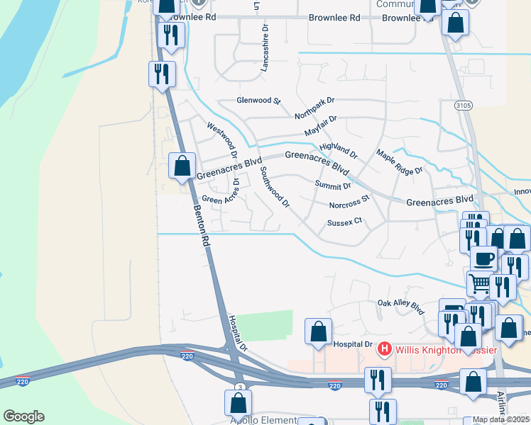 map of restaurants, bars, coffee shops, grocery stores, and more near 3636 Greenacres Boulevard in Bossier City