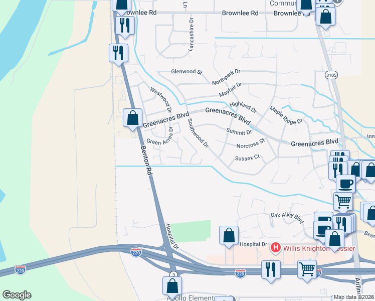 map of restaurants, bars, coffee shops, grocery stores, and more near 3636 Green Acres Drive in Bossier City