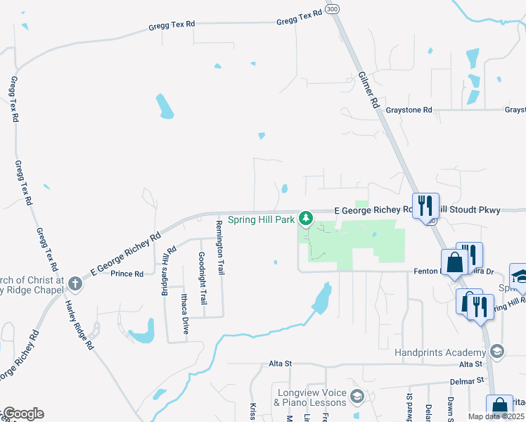 map of restaurants, bars, coffee shops, grocery stores, and more near 2309 Farm to Market Road 2275 in Longview