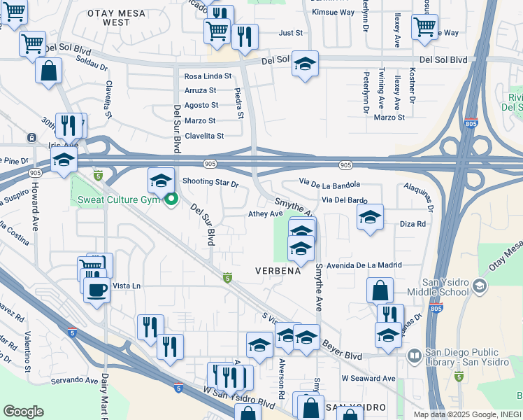 map of restaurants, bars, coffee shops, grocery stores, and more near 1564 Smythe Avenue in San Diego