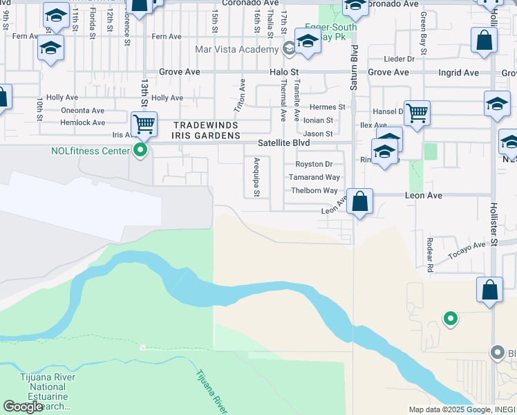 map of restaurants, bars, coffee shops, grocery stores, and more near 1636 Leon Avenue in San Diego
