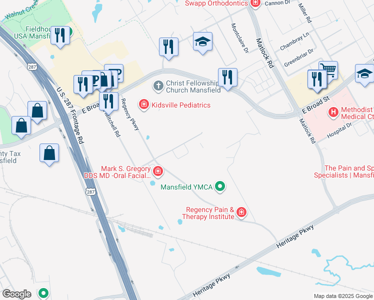 map of restaurants, bars, coffee shops, grocery stores, and more near 140 Regency Parkway in Mansfield