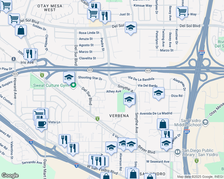 map of restaurants, bars, coffee shops, grocery stores, and more near 1564 Smythe Avenue in San Diego
