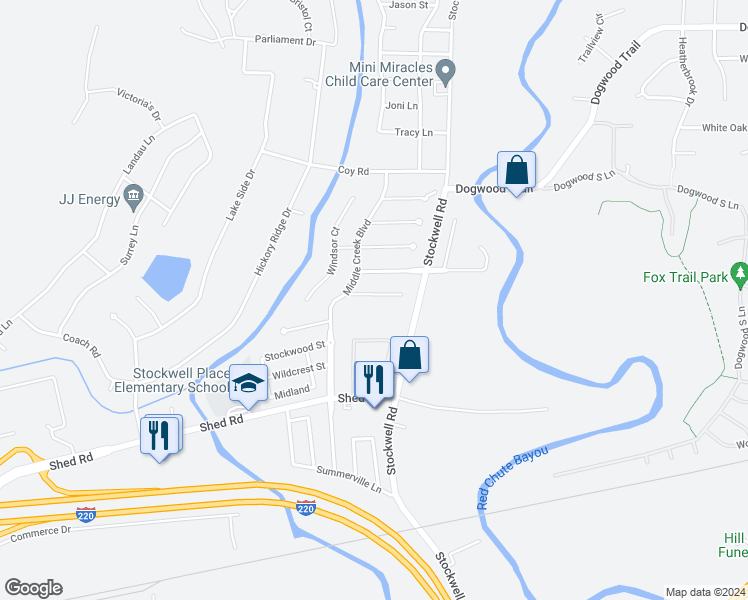 map of restaurants, bars, coffee shops, grocery stores, and more near 6010 Inglewood Court in Bossier City
