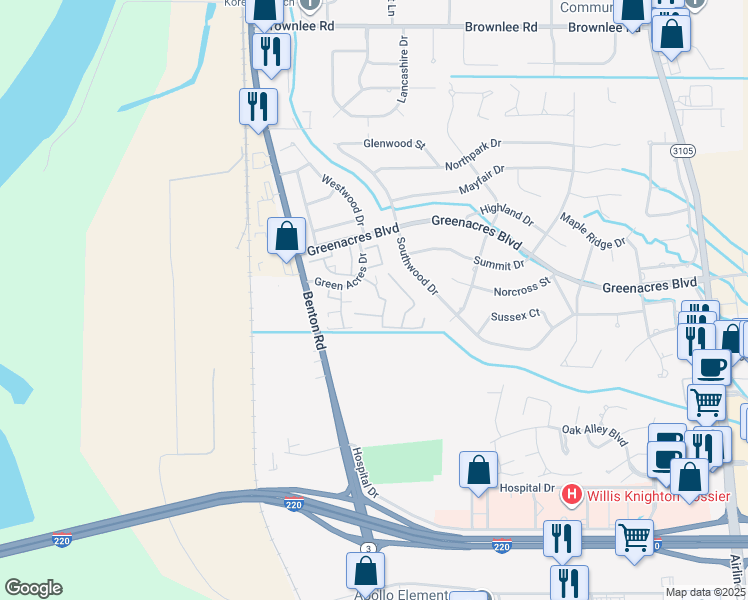 map of restaurants, bars, coffee shops, grocery stores, and more near 3636 Greenacres Boulevard in Bossier City