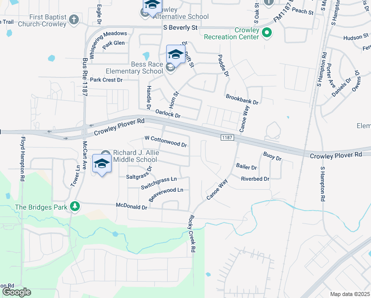 map of restaurants, bars, coffee shops, grocery stores, and more near 1105 Cottonwood Drive in Crowley