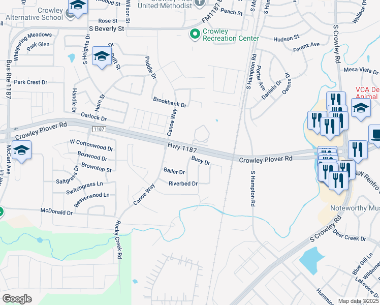 map of restaurants, bars, coffee shops, grocery stores, and more near 960 Farm to Market Road 1187 in Crowley