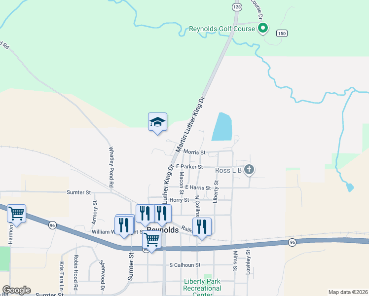 map of restaurants, bars, coffee shops, grocery stores, and more near 104 Martin Luther King Drive in Reynolds