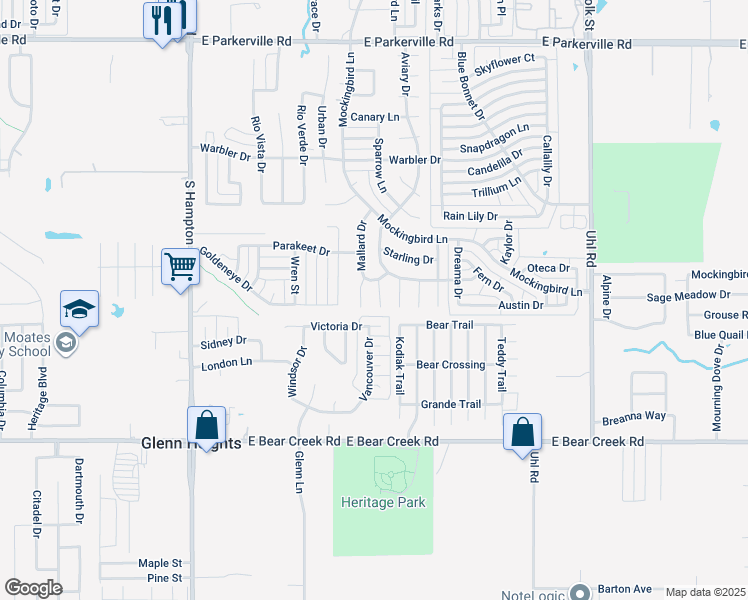 map of restaurants, bars, coffee shops, grocery stores, and more near 1507 Parrot Court in DeSoto